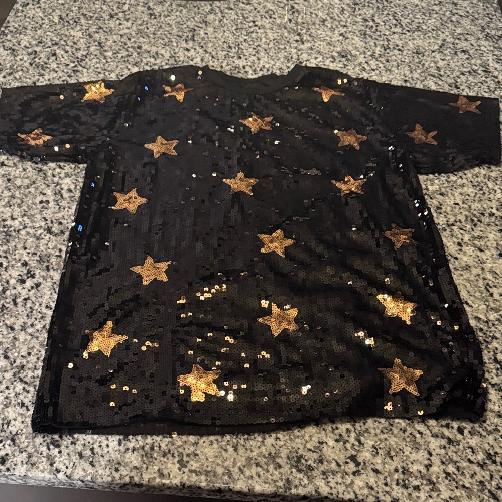 Black Sequin Long-Sleeve Dress with Gold Star Embellishments